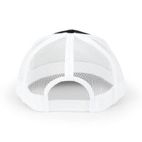 Black / White Fields & Sun Richardson 112 trucker hat, back view showing the mesh panels and adjustable snap closure