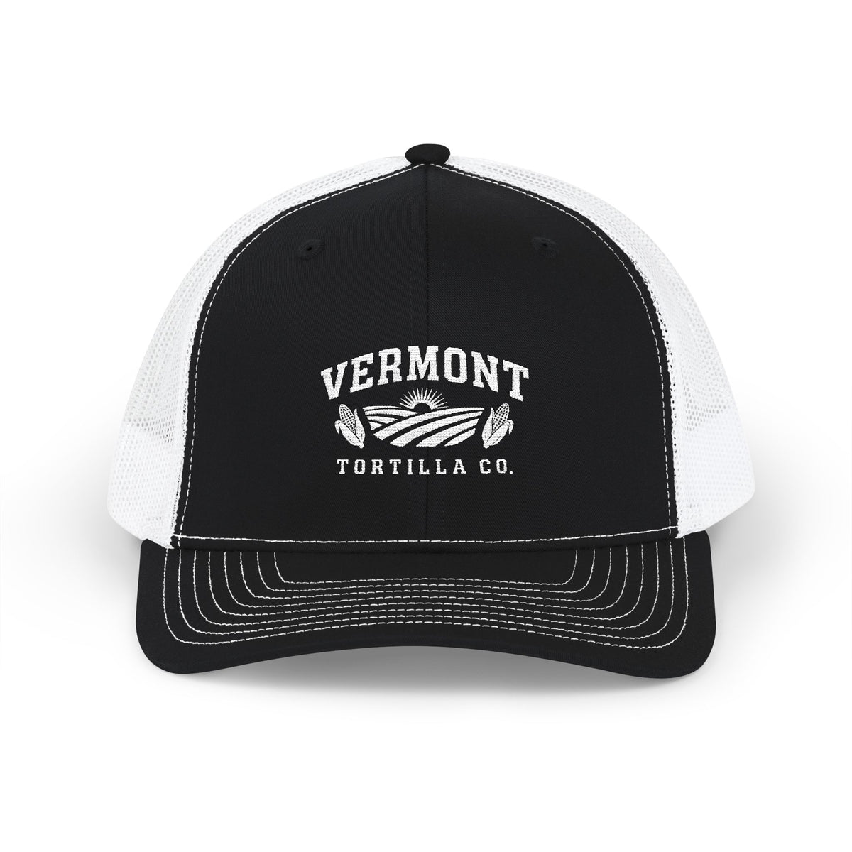Black / White Fields & Sun Richardson 112 trucker hat, front view showing white VERMONT lettering, sunrise, fields, corn, and TORTILLA CO. embroidery