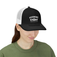 Black / White Fields & Sun Richardson 112 trucker hat worn by a second model, front view showing the white embroidery and curved visor