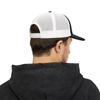 Black / White Fields & Sun Richardson 112 trucker hat worn by a model, rear view showing the mesh back and snap closure
