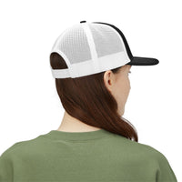 Black / White Fields & Sun Richardson 112 trucker hat worn by a second model, rear view showing the mesh back and snap closure