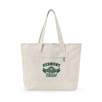 Natural Fields & Sun zippered canvas tote with the Vermont Tortilla Company fields, rising sun, and two ears of corn in forest green on the front pocket, with matching natural handles and base