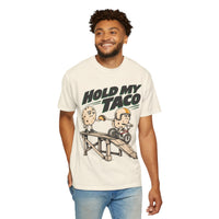 Ivory Hold My Taco T-shirt, front design shown on a model