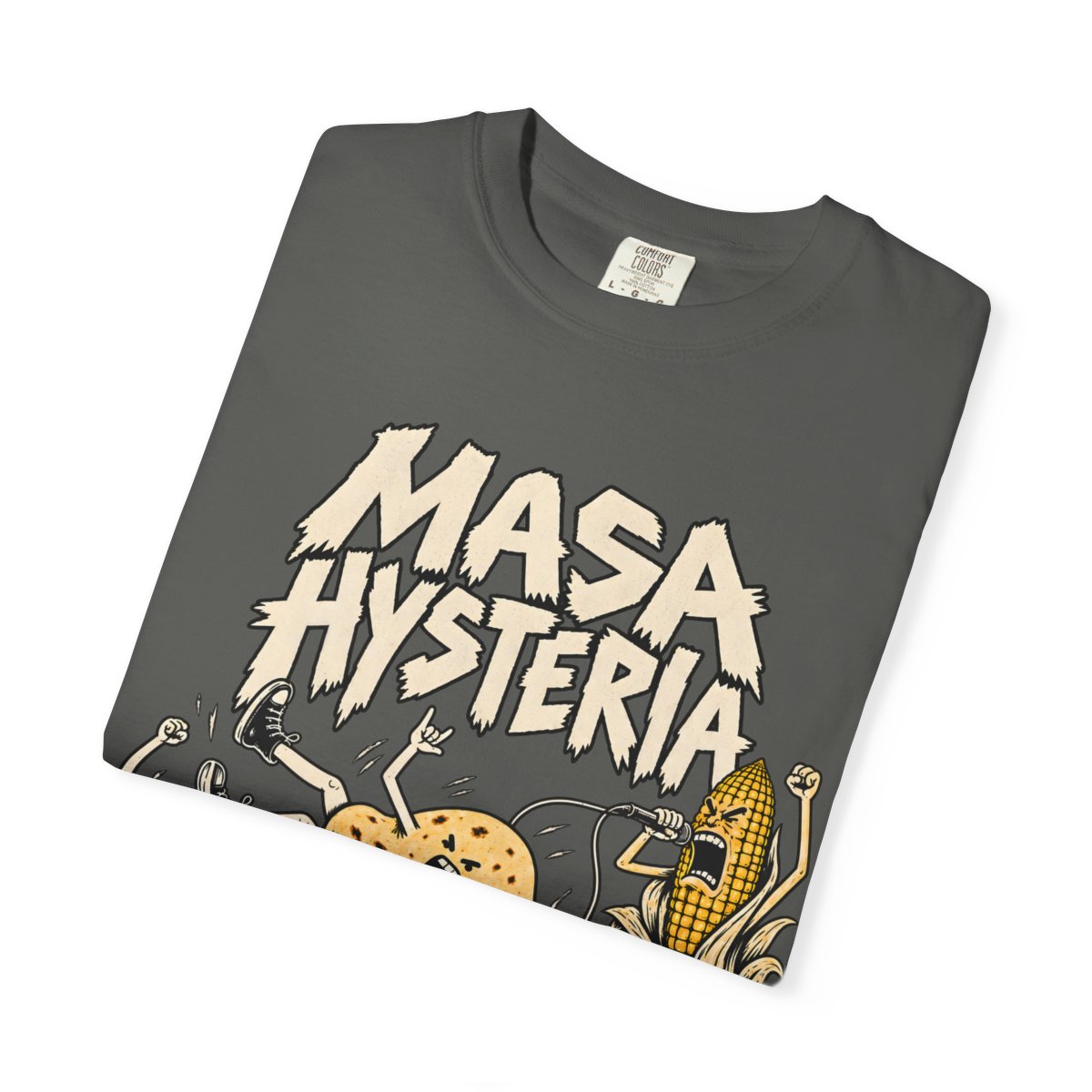 Pepper Masa Hysteria T-shirt, folded close-up of the Masa Hysteria front artwork
