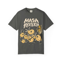 Pepper Masa Hysteria T-shirt, front with Masa Hysteria lettering, a corn vocalist, and a crowd of tortilla characters