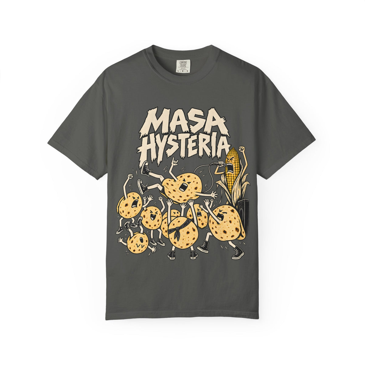 Pepper Masa Hysteria T-shirt, front with Masa Hysteria lettering, a corn vocalist, and a crowd of tortilla characters
