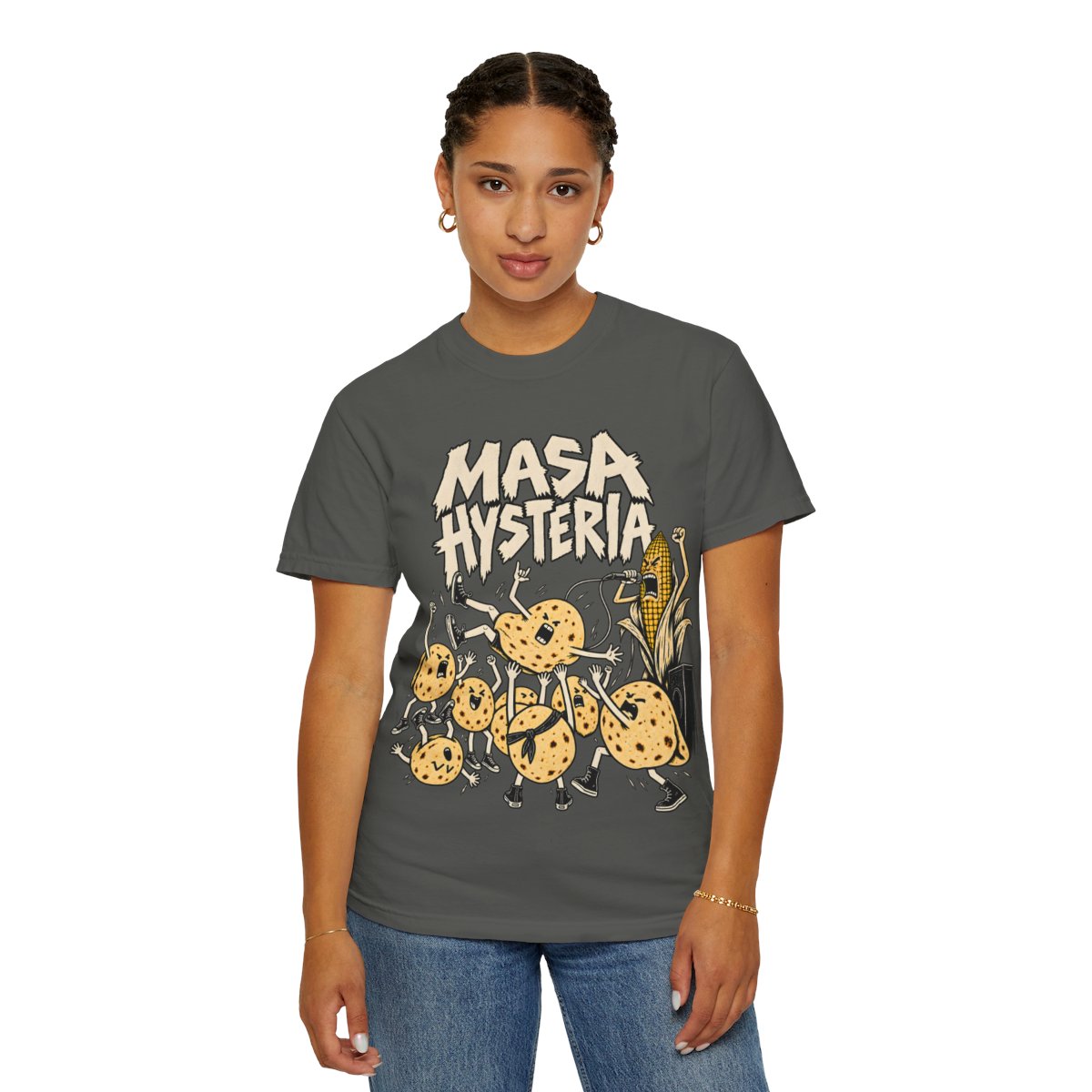 Pepper Masa Hysteria T-shirt, front concert design shown on a model