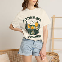Ivory Nixtamalized in Vermont T-shirt, front corn-kernel illustration and Nixtamalized in Vermont lettering shown on a model