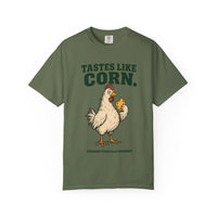 Sage Tastes Like Corn T-shirt, front with Tastes Like Corn lettering, a chicken holding a tortilla, and the Vermont Tortilla Company name