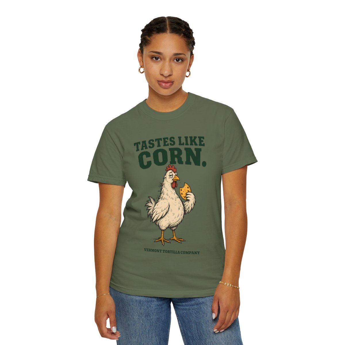 Sage Tastes Like Corn T-shirt, front chicken design and Vermont Tortilla Company name shown on a model