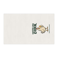 Tastes Like Corn white cotton twill tortilla towel laid flat, showing the illustrated chicken and forest-green lettering