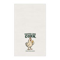 Tastes Like Corn white cotton twill tortilla towel, front view with an illustrated chicken, forest-green lettering, and Vermont Tortilla Company name toward the lower end