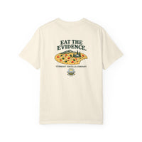 Ivory Vermont Flat Earth Society T-shirt, back with Eat the Evidence lettering, a bitten tortilla landscape with taco toppings, and the Vermont Tortilla Company name and emblem