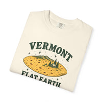 Ivory Vermont Flat Earth Society T-shirt, folded close-up of the Vermont Flat Earth Society front artwork