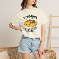 Ivory Vermont Flat Earth Society T-shirt, front tortilla landscape and Vermont Flat Earth Society lettering shown on a model